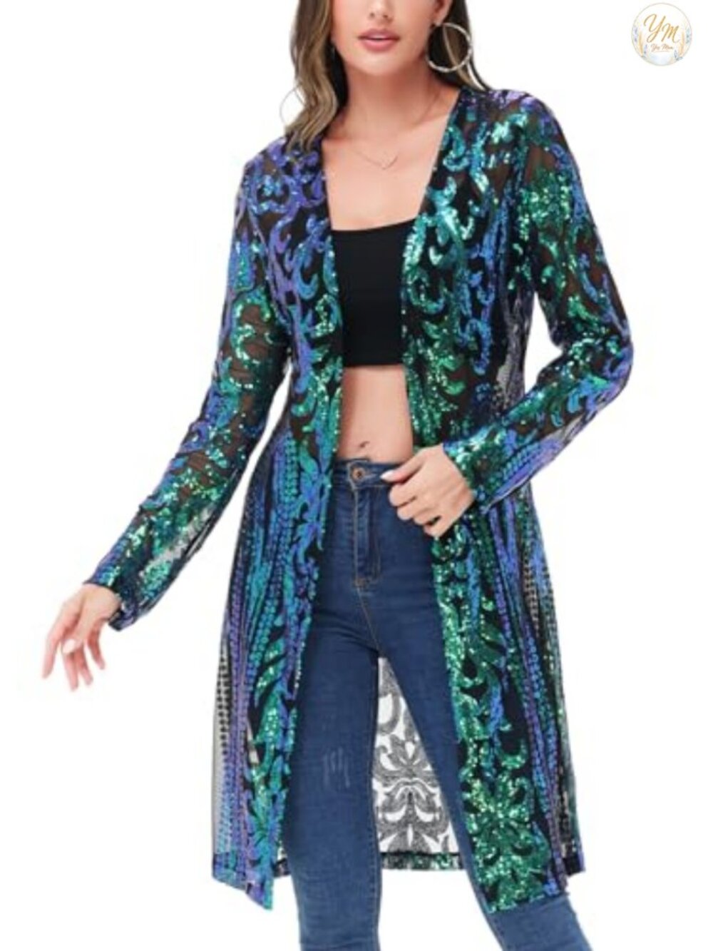 Sequined Open Front Cardigan Long Sleeve Sheer Mesh Kimono Glitter Party Cover